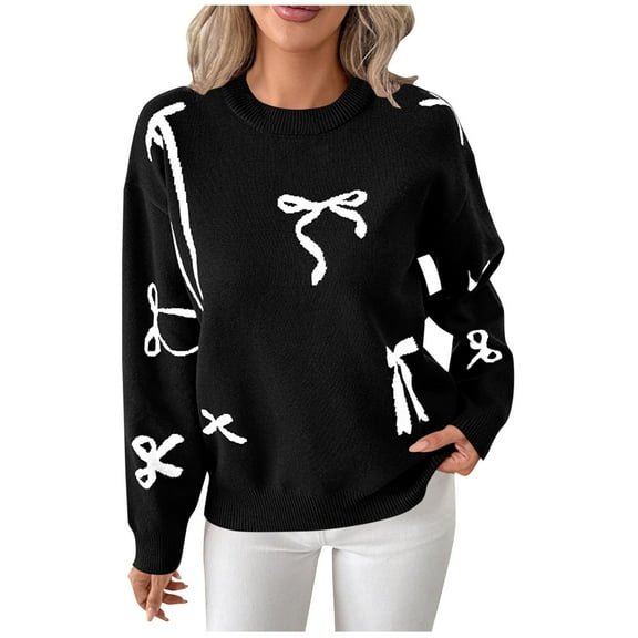 MaFYtyTPR Christmas Women's Kinnted Sweaters Fashion Loose Cute Knit Sweater With Bow Detail And Embroidery A-Black L
