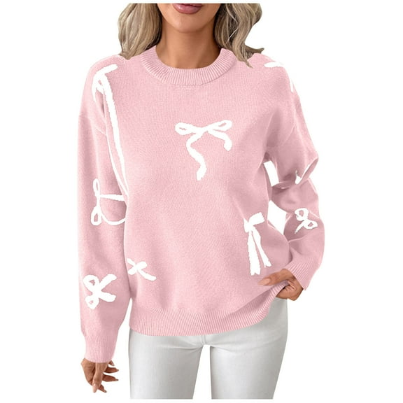 MaFYtyTPR Christmas Women's Kinnted Sweaters Fashion Loose Cute Knit Sweater With Bow Detail And Embroidery A-Pink L