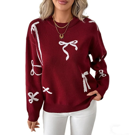 MaFYtyTPR Christmas Women's Kinnted Sweaters Fashion Loose Cute Knit Sweater With Bow Detail And Embroidery A-Wine XL