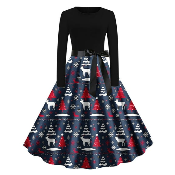 MaFYtyTPR Christmas Women's Long Dress Ladies Christmas Printed Round Neck Long Sleeve Swing Evening Gown Dresses Navy L