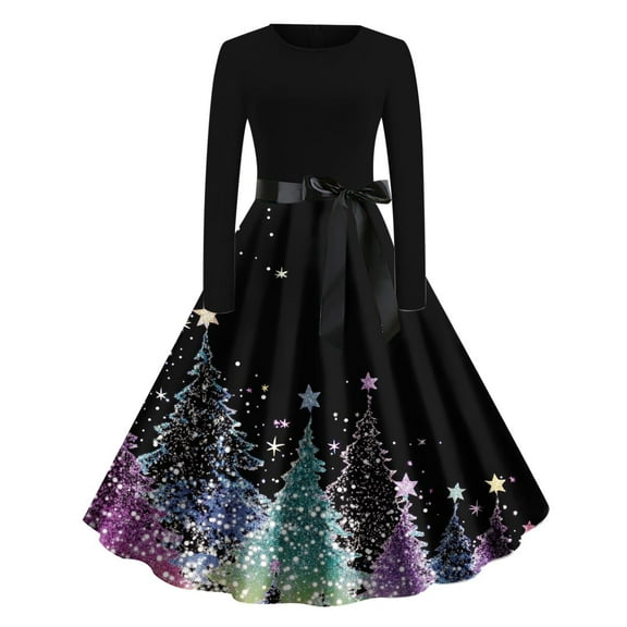 MaFYtyTPR Christmas Women's Long Dress Ladies Christmas Printed Round Neck Long Sleeve Swing Evening Gown Dresses Purple M