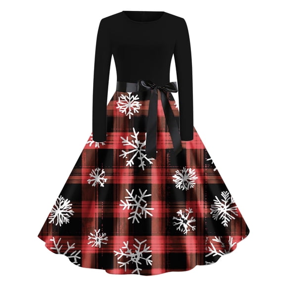 MaFYtyTPR Christmas Women's Long Dress Ladies Christmas Printed Round Neck Long Sleeve Swing Evening Gown Dresses Red M