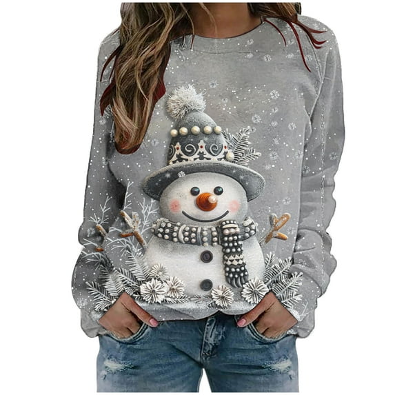 MaFYtyTPR Christmas Women's Loose Sweatshirts Fashion Festival Print Round Neck Long Sleeved Pullover Comfy Tops Multicolor L