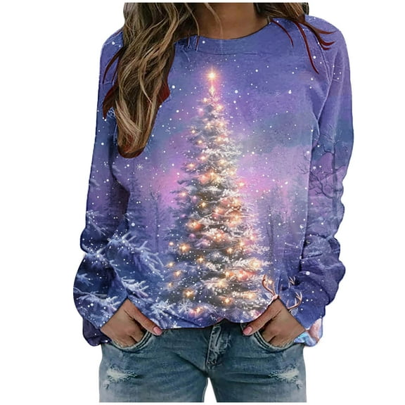 MaFYtyTPR Christmas Women's Loose Sweatshirts Fashion Festival Print Round Neck Long Sleeved Pullover Comfy Tops Multicolor M