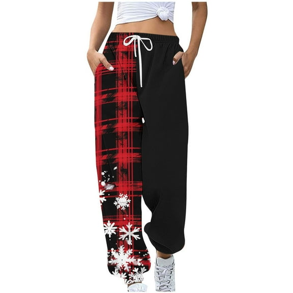MaFYtyTPR Christmas Women's Sweatpants Casual Printing Drawstring Mid Waist Long Sweat Pants With Pocket Red S
