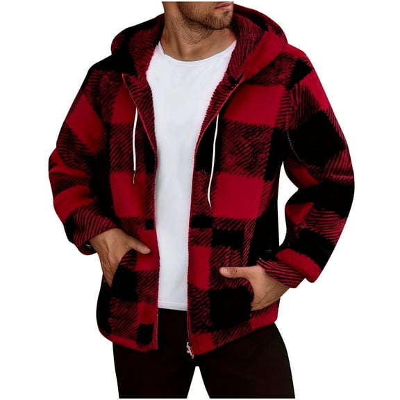 MaFYtyTPR Coats for Men Hooded Fall Winter Men's Fashion Long Sleeved Plush Plaid Zipper Warm Coat with Pockets Wine S