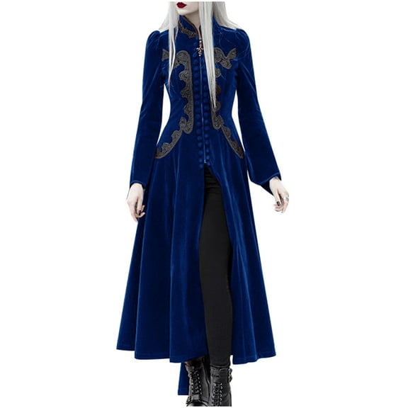 MaFYtyTPR Dress for Women Women's Casual Lace Patchwork Medieval Round Neck Zipper Long Sleeve Retro Dresses Blue L