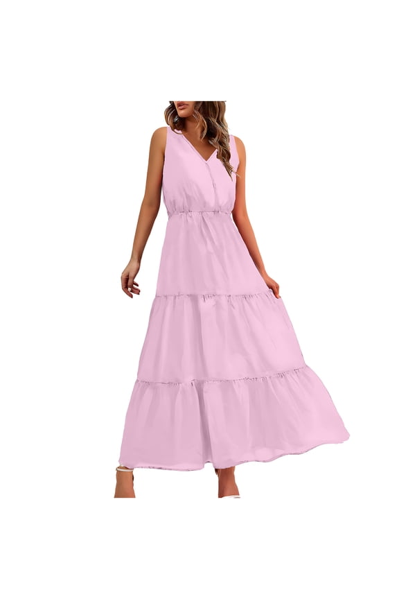 Dresses for Women Summer Casual V-Neck Maxi Dress Ladies Fashion Vacation Solid Color Sleeveless A Line Sundress Dress 2026 A-Pink XXL