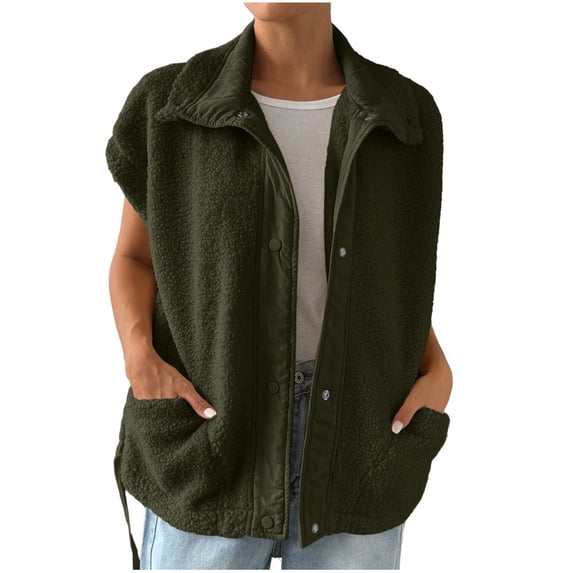 MaFYtyTPR Fleece Gilet for Women Women Winter Solid Color Sleeveless Button Versatile Loose Outerwear Tops Army Green L