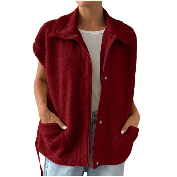 MaFYtyTPR Fleece Gilet for Women Women Winter Solid Color Sleeveless Button Versatile Loose Outerwear Tops Red XL