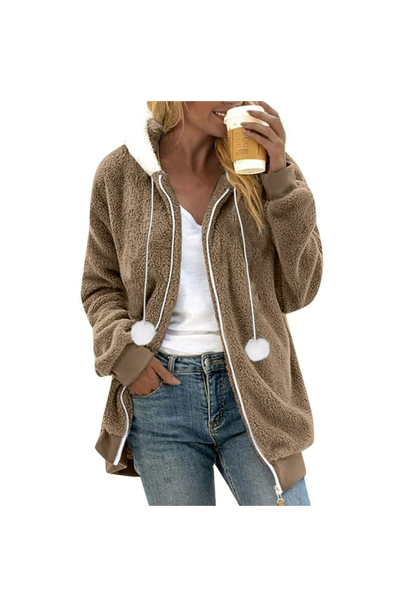 Fuzzy Fleece Jacket for Women Ladies Winter Plush Solid Color Hooded Coat with Drawstring Wool Ball