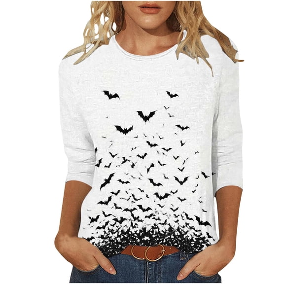 MaFYtyTPR Halloween Loose Top for Women Ladies' Fashion Printed Round Neck Three Quarter Sleeve T-shirt Tops White S