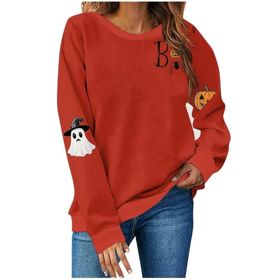 MaFYtyTPR Halloween Printed Tops for Women Fashion Round Neck Printing Long Sleeve Hoodless Leisure Sweatshirt Red#03 M