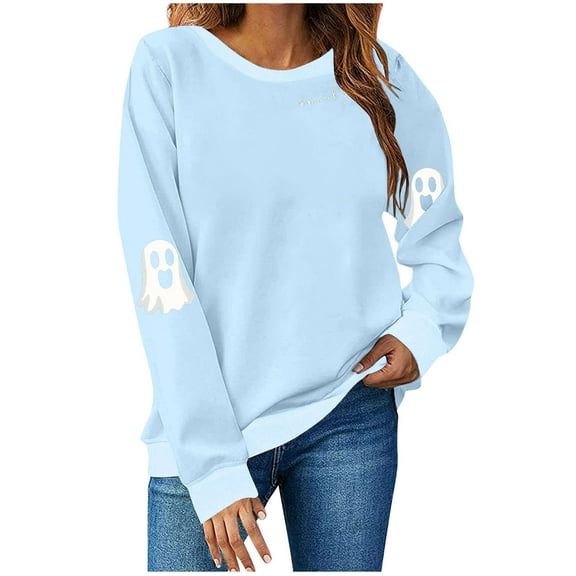 MaFYtyTPR Halloween Printed Tops for Women Fashion Round Neck Printing Long Sleeve Hoodless Leisure Sweatshirt Light Blue#02 S