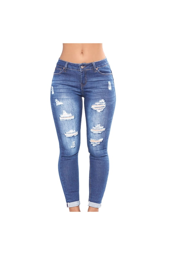High Waisted Ripped Jeans for Women with Pockets Fashion Slim Fit Durability Pencil Pants Plus Size Navy S