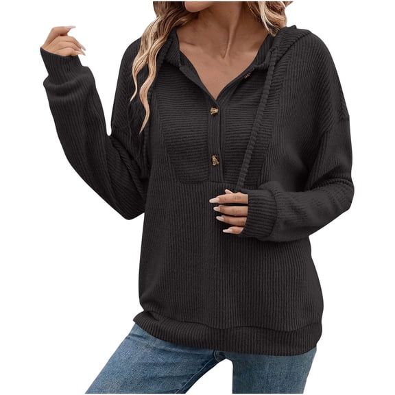 MaFYtyTPR Hooded Sweatshirt Tops for Women Trendy Solid Color V-neck Long Sleeve Button Pullover Loose Blouse Black L
