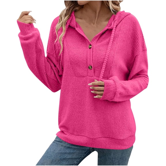 MaFYtyTPR Hooded Sweatshirt Tops for Women Trendy Solid Color V-neck Long Sleeve Button Pullover Loose Blouse Hot Pink L