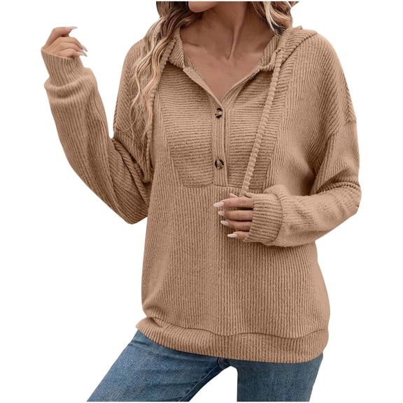 MaFYtyTPR Hooded Sweatshirt Tops for Women Trendy Solid Color V-neck Long Sleeve Button Pullover Loose Blouse Khaki L