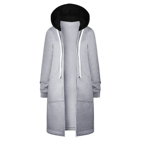 MaFYtyTPR Long Hoodies for Women Winter Solid Color Thick And Fleece Casual Zipper Long Sleeve Pocket Hooded Outwear Gray L