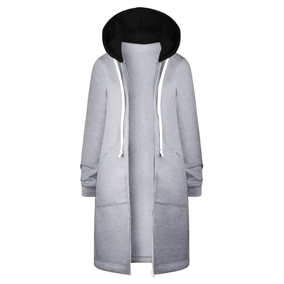 MaFYtyTPR Long Hoodies for Women Winter Solid Color Thick And Fleece Casual Zipper Long Sleeve Pocket Hooded Outwear Gray M