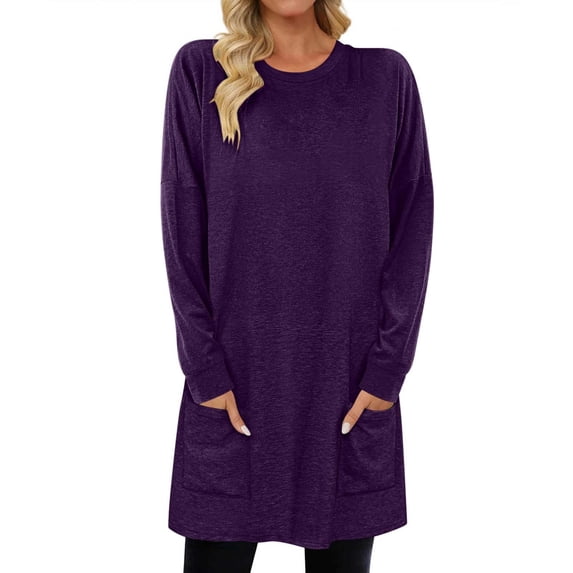 MaFYtyTPR Long Sleeve Tops for Women Women's Casual Crewneck Solid Color Comfortable Pullover Tops with Pockets Purple S