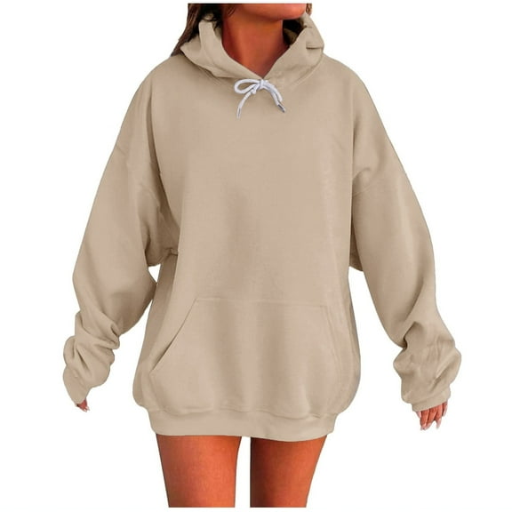 MaFYtyTPR Loose Hoodies for Women Fashion Drawstring Hooded Sweatshirts Plain Womens Casual Long Sleeve Pullover Tops Khaki XXL