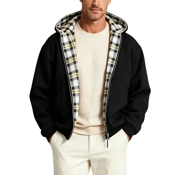 MaFYtyTPR Men Full Zip Hoodies Plaid Lined Hooded Jacket Casual Sweatshirt Coat with Pockets Fall Winter Loose Outerwear A-Yellow L