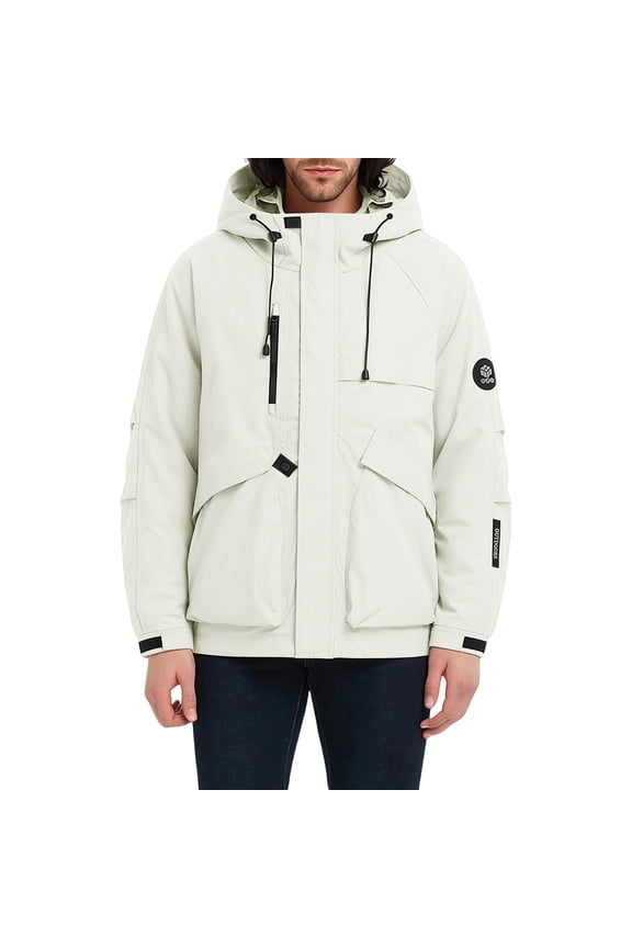 Men Hooded Windproof Utility Jacket Adjustable Drawstring Zip Up Long Sleeve Outdoor Coat With Multi Pockets For Fall Winter A-Beige M