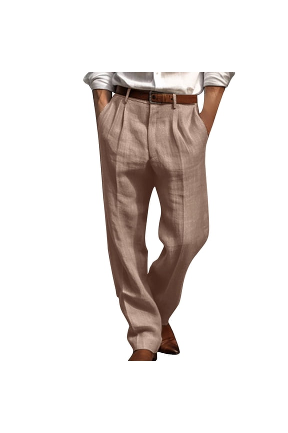Men Straight Leg Khaki Pants Casual Loose Solid Trouses With Double Pleated Front Pockets A-Beige M