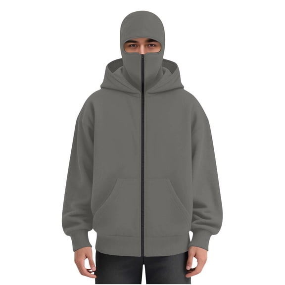 MaFYtyTPR Men's Balaclava Double Hoodie Sweatshirts Fall Winter Fashion Full-Zip with Mask Jacket Windproof Fashion Streetwear for Cold Weather Gray L