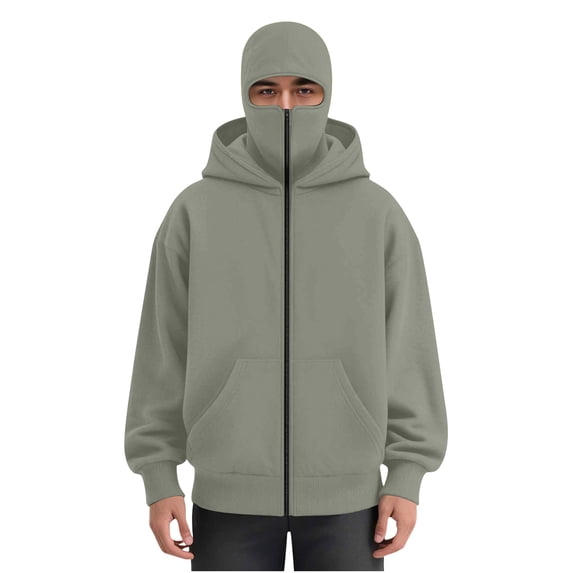 MaFYtyTPR Men's Balaclava Double Hoodie Sweatshirts Fall Winter Fashion Full-Zip with Mask Jacket Windproof Fashion Streetwear for Cold Weather Green XXL