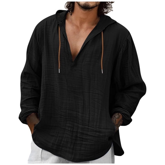 MaFYtyTPR Men's Casual Tops Fashionable Linen Shirt Solid Color Casual V-neck Long Sleeved Hooded Top Black M