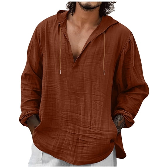 MaFYtyTPR Men's Casual Tops Fashionable Linen Shirt Solid Color Casual V-neck Long Sleeved Hooded Top Coffee M