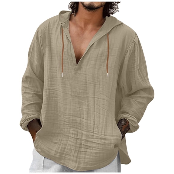 MaFYtyTPR Men's Casual Tops Fashionable Linen Shirt Solid Color Casual V-neck Long Sleeved Hooded Top White L