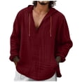 thumbnail image 1 of MaFYtyTPR Men's Casual Tops Fashionable Linen Shirt Solid Color Casual V-neck Long Sleeved Hooded Top Wine M, 1 of 5