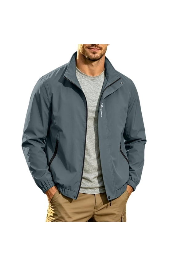 Men's Cropped Windproof Jacket Solid Color Long Sleeve Stand Collar Outdoor Fashion Outwear For Fall Winter Daily Wear A-Dark Gray M