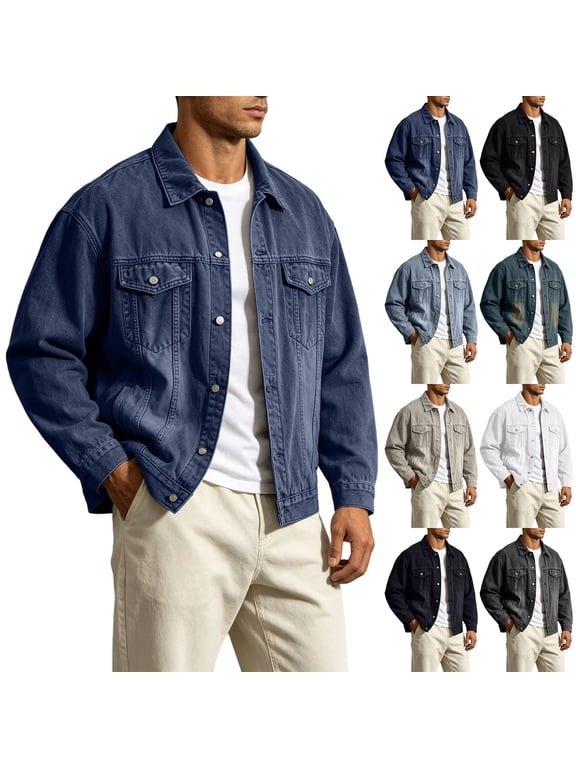 Men's Denim Jacket Button Down Relaxed Fit Vintage-Washed Jean Coats Fall Winter Lightweight Caual Outwear with Pockets Black L