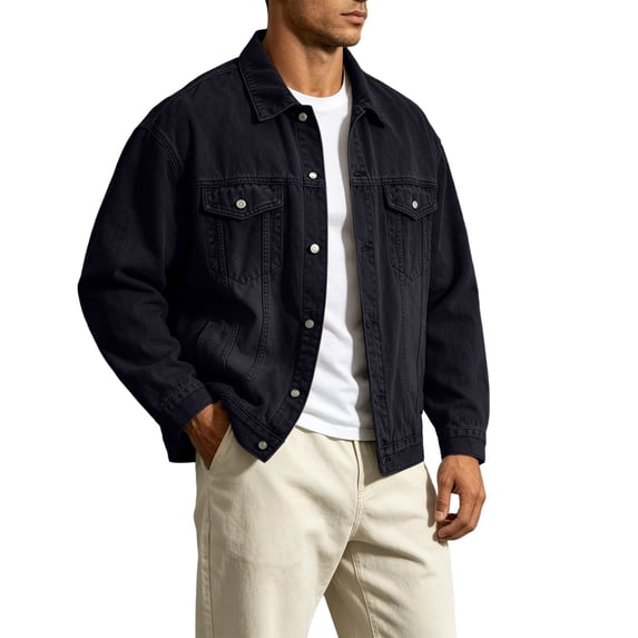 MaFYtyTPR Men's Denim Jacket Button Down Relaxed Fit Long Sleeve Jean Coats Fall Winter Lightweight Caual Outwear with Pockets Black L