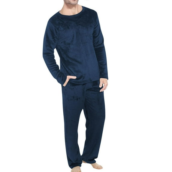 MaFYtyTPR Men's Fleece Pajama Sets Casual Fashion Pullover Solid Long Sleeve Tops Elastic Waist Pants Underwear Set Blue XL