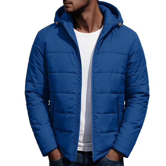 MaFYtyTPR Men's Hooded Puffer Jacket Winter Warm Zipper Jackets Fashion Solid Color Thick Padded Coats with Pockets Z-Blue XL
