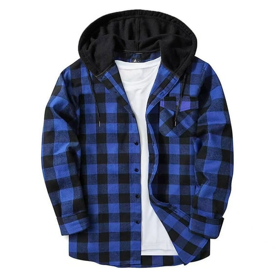 MaFYtyTPR Men's Hooded Shirts Casual Patchwork Fashion Plaid Button Long Sleeve Outwear Shirts for Men Blue S