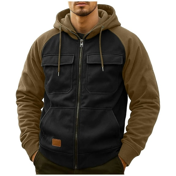 MaFYtyTPR Men's Hooded Sweatshirts Full Zipper Fashion Daily Street Casual Top Men Color Blocked Long Sleeved Hoodie with Pockets Black XL