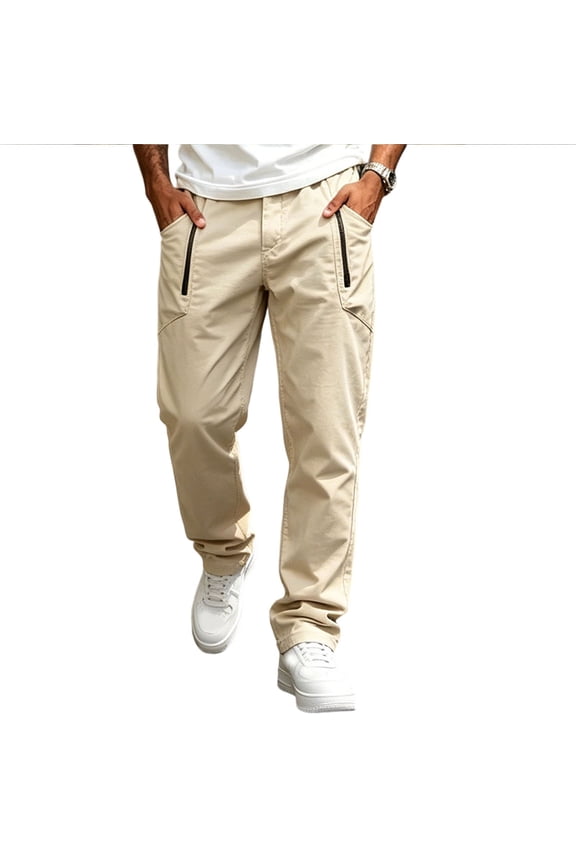Men's Jogger Pants Casual Cargo Trousers with Zipper Pockets Regular Fit Straight Leg Long Pants for Daily Wear A-Khaki XXXL