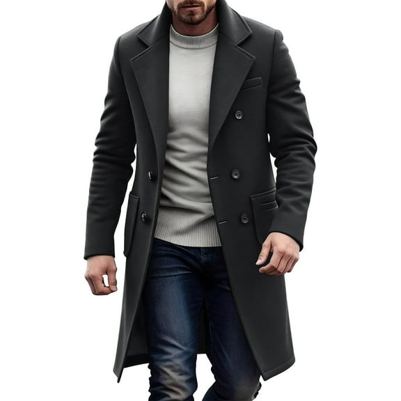 MaFYtyTPR Men's Plush Coat Winter Fashion Solid Double Breasted Lapel Pockets Thermal Casual Woolen Coats Dark Gray L