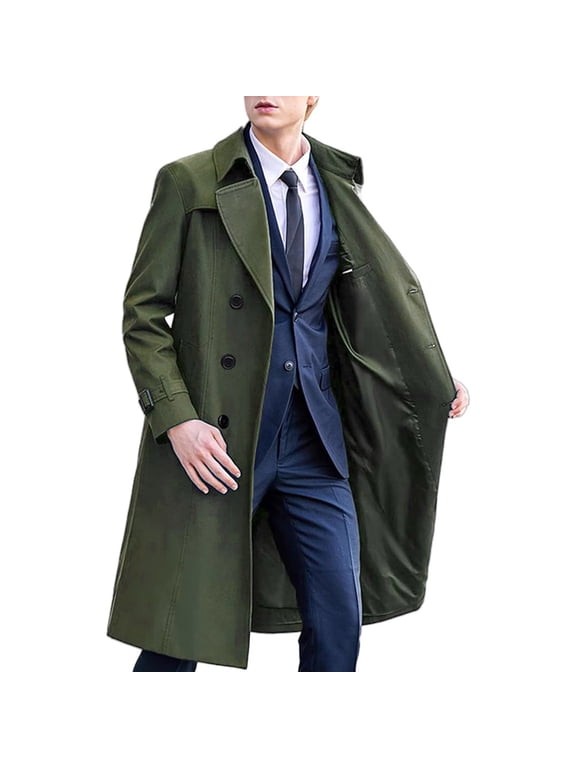Men's Trench Coat Notched Lapel Double Breasted Mid-Length Windbreaker Solid Color Business Casual Outerwear with Pockets Z-Army Green L