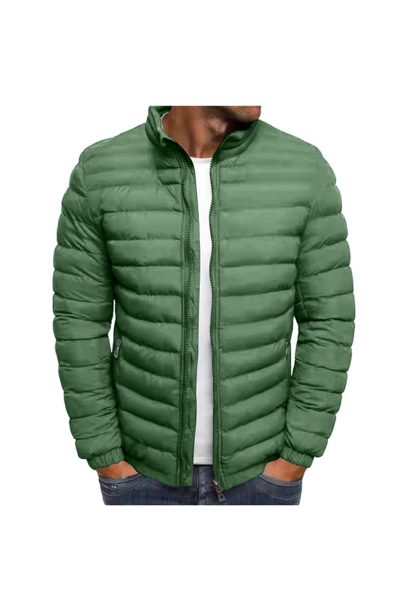 Men's Warm Padded Jacket Fashion Man Solid Color Hoodless Zipper Long Sleeve Casual Down Jackets Z-Green XXL