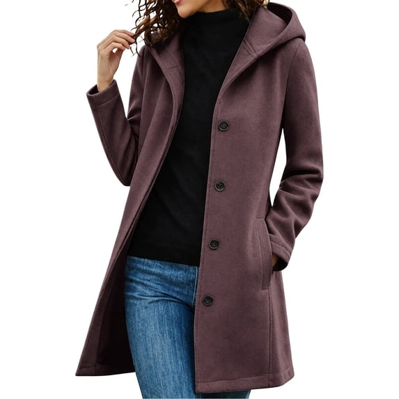 MaFYtyTPR Peacoats for women Winter Casual Single Breasted Hooded Jacket Mid Length Wool Blend Overcoat
