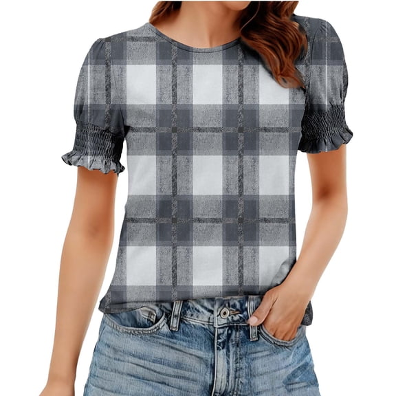 MaFYtyTPR Plaid Tops for Women Summer Fashion Short Sleeve Crew Neck Loose Lace Sleeve Casual Blouse Black L
