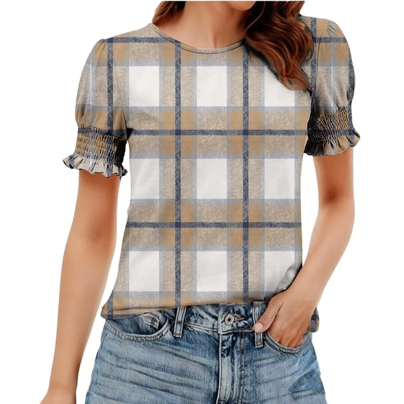 MaFYtyTPR Plaid Tops for Women Summer Fashion Short Sleeve Crew Neck Loose Lace Sleeve Casual Blouse Khaki XL