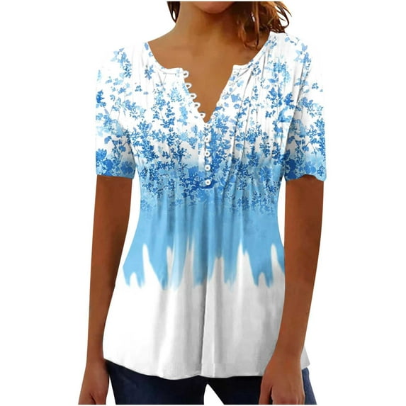 MaFYtyTPR Plus Size Tops for Women Fashion Short Sleeve V-neck Pleated Button Casual Loose Print Top Blue XXL